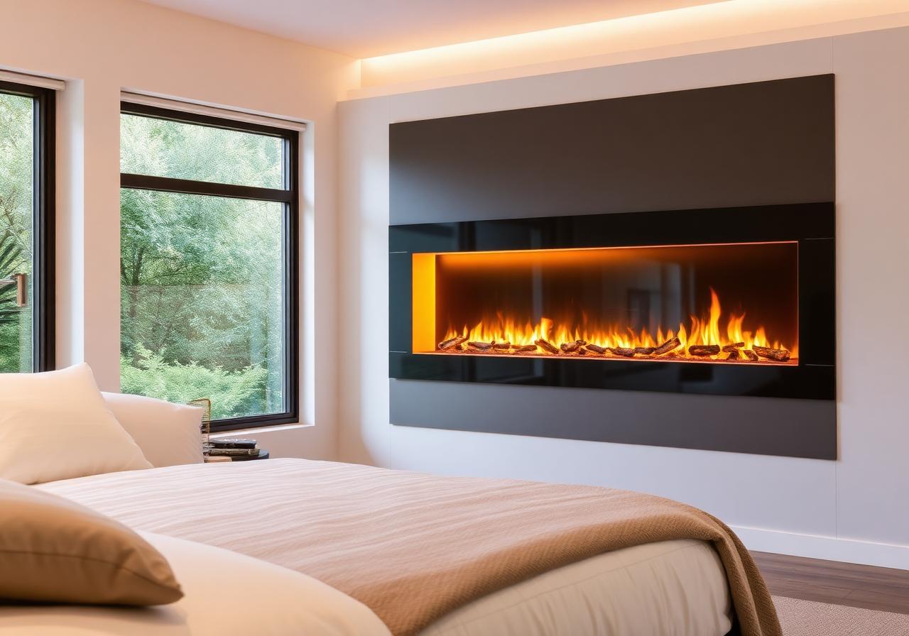 Built-in electric fireplace in a bedroom feature wall