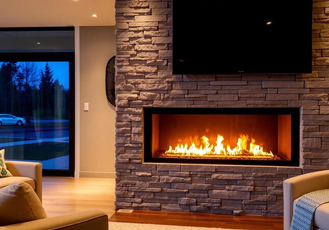 Linear gas fireplace with stone surround