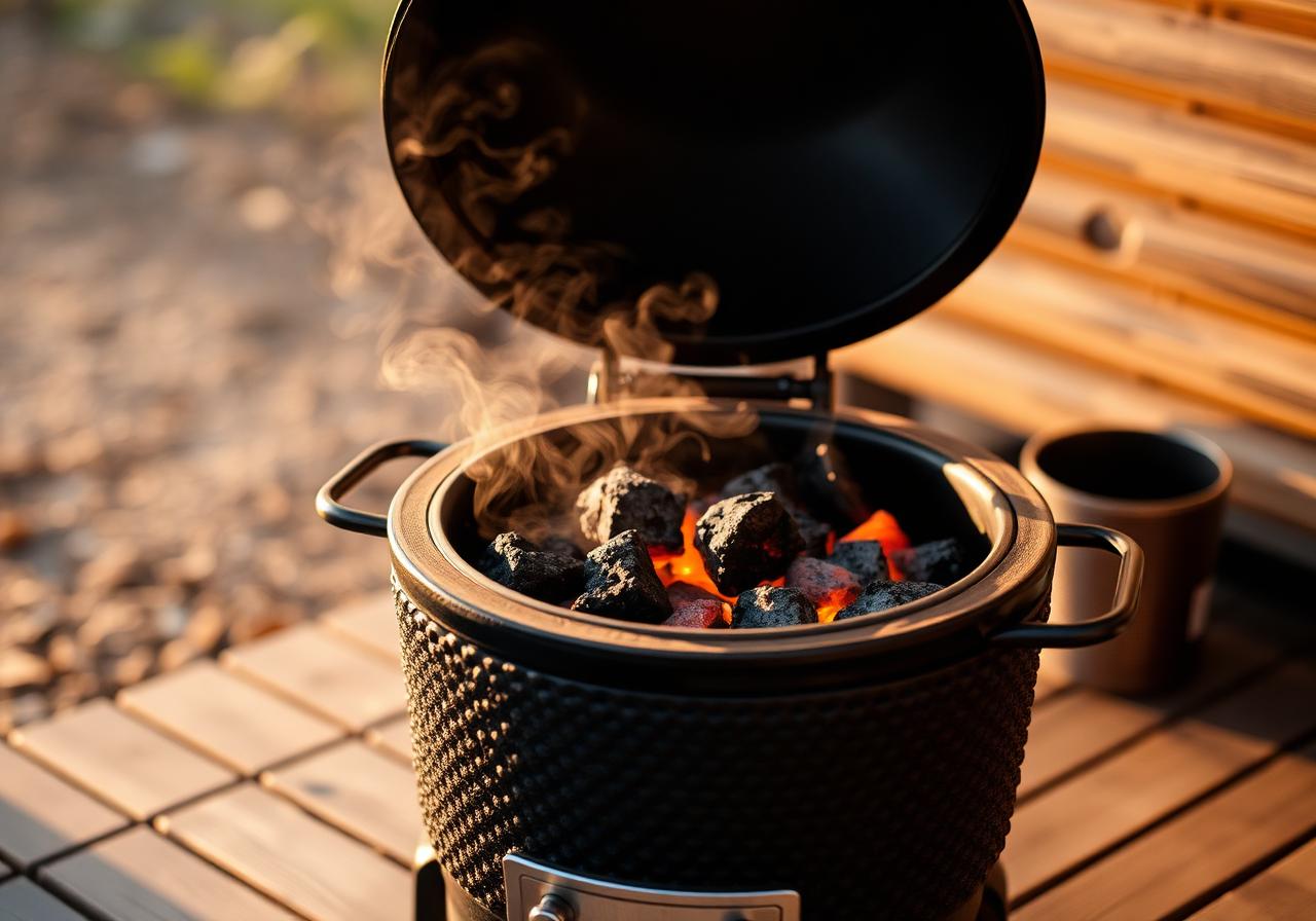 Ceramic kamado grill with glowing charcoal