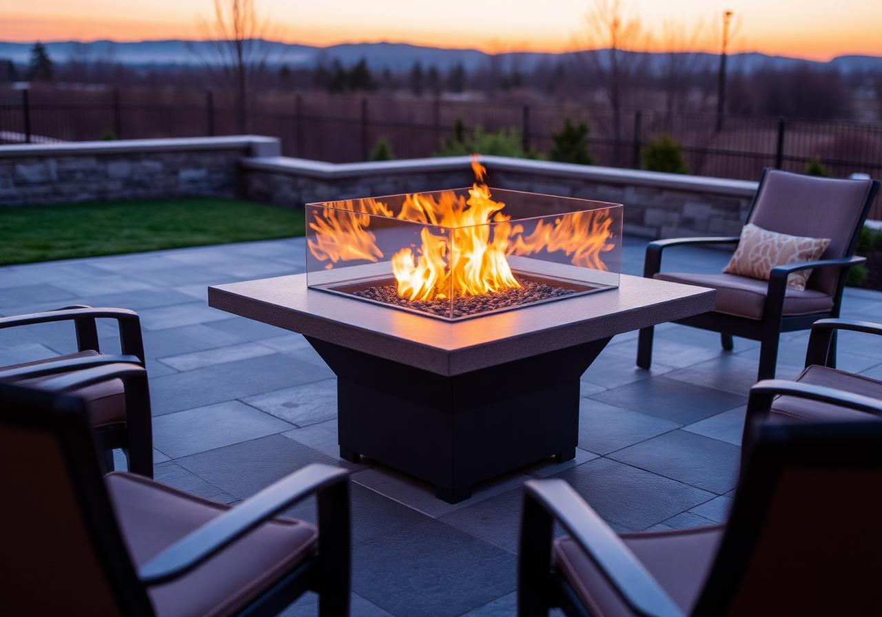 Modern gas fire pit table at dusk