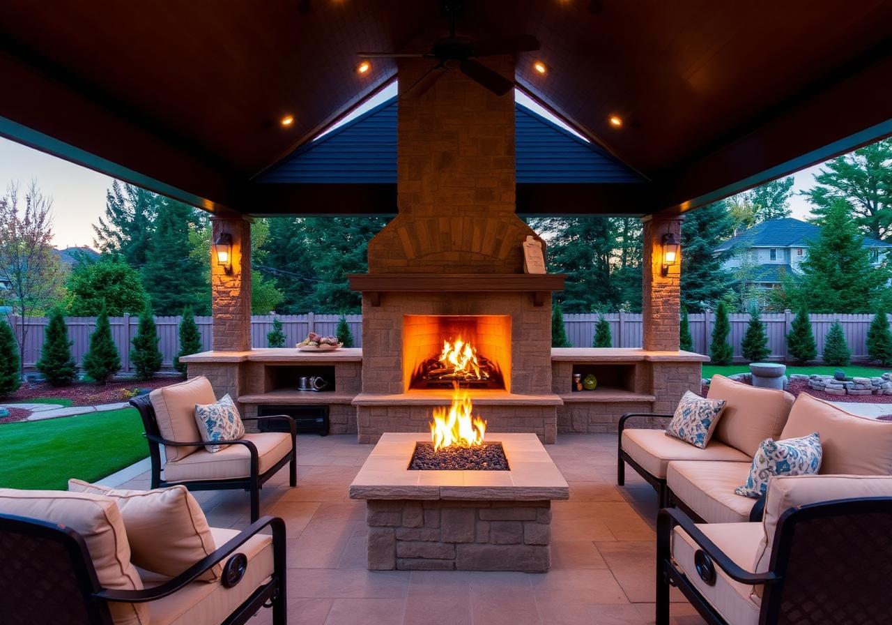 Covered patio with stone outdoor fireplace