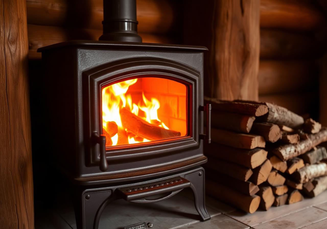 Cast iron wood burning stove with stacked firewood