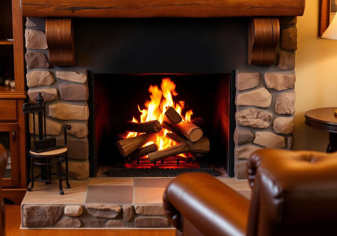 Traditional stone wood burning fireplace